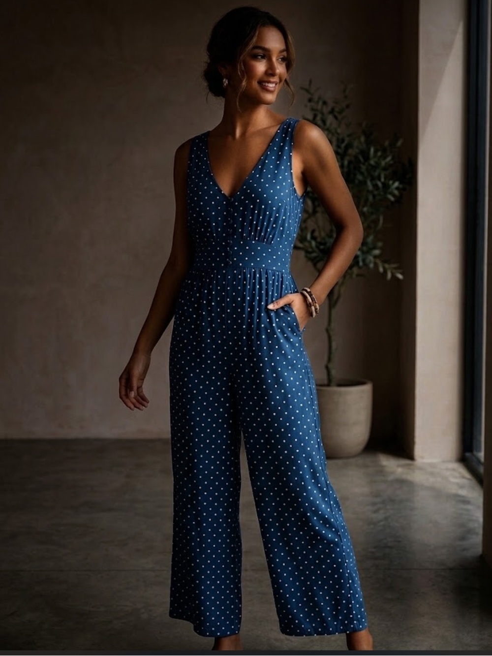 Madewell Navy Polka Dot V-Neck Wide-Leg Jumpsuit